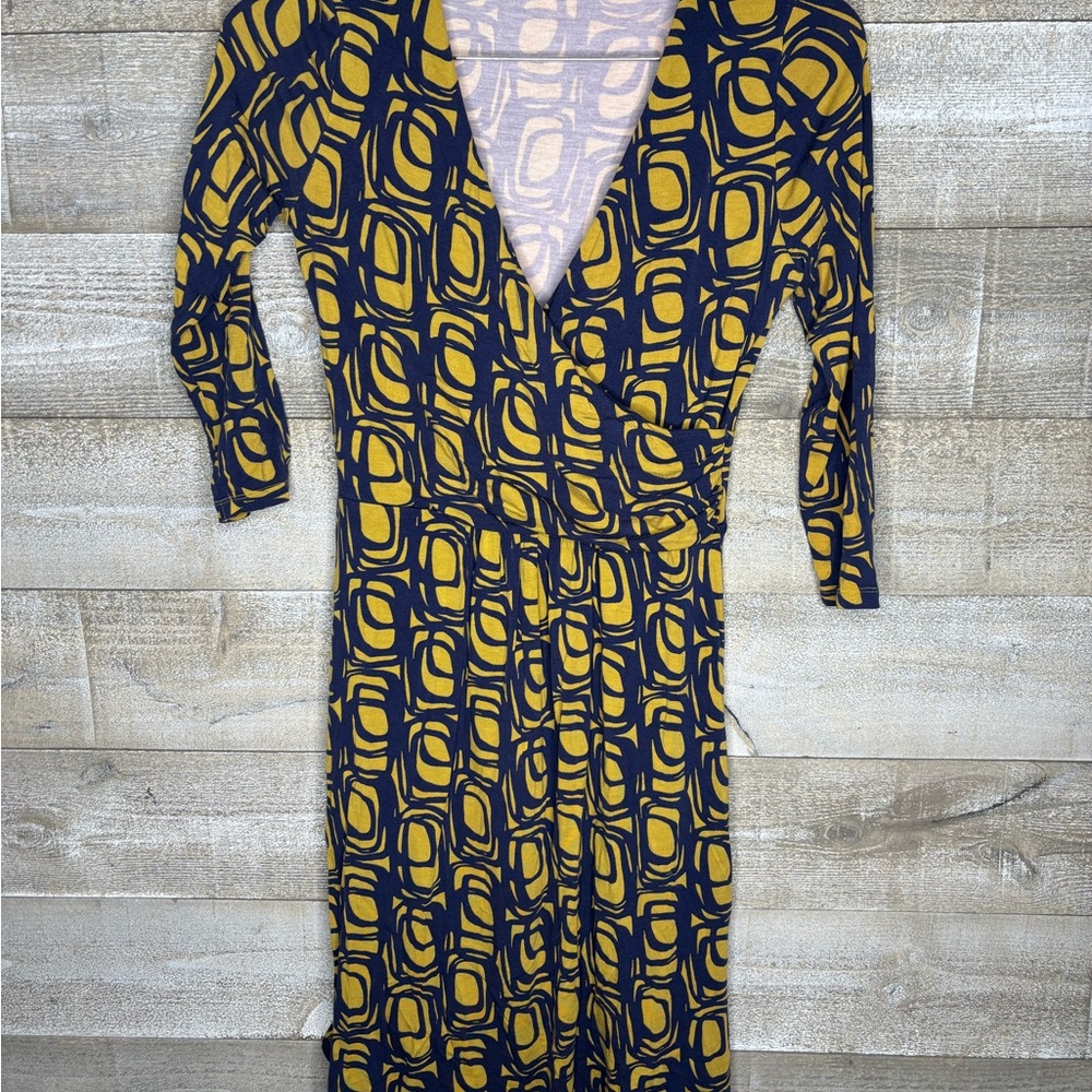 Boden Navy and Yellow Geometric 3/4 Sleeve career office Dress US 8